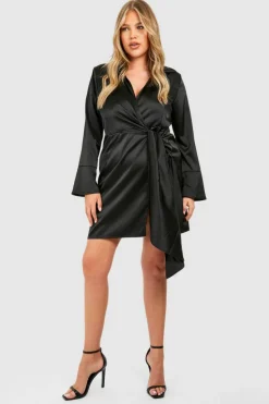 Wrap Dresses*boohoo Plus Satin Wrap Tie Belt Dress black