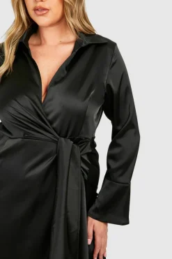 Wrap Dresses*boohoo Plus Satin Wrap Tie Belt Dress black