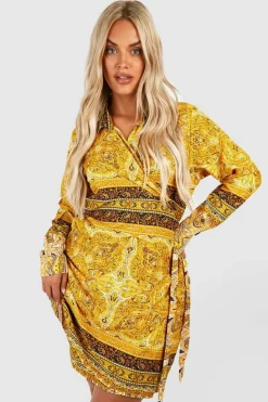 Shirt Dresses*boohoo Plus Scarf Print Tie Waist Shirt Dress black