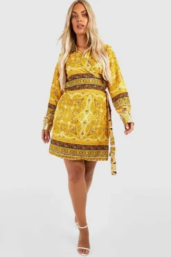 Shirt Dresses*boohoo Plus Scarf Print Tie Waist Shirt Dress black