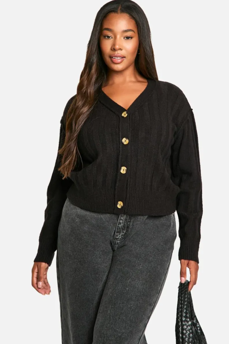 Cardigans|Jumpers & Cardigans*boohoo Plus Seam Detail Soft Rib Knit Boyfriend Cardigan black