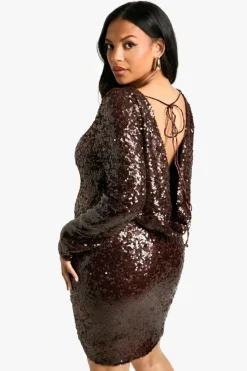 Bodycon Dresses|Mini Dresses*boohoo Plus Sequin Cowl Back Long Sleeve Mini Dress malbec