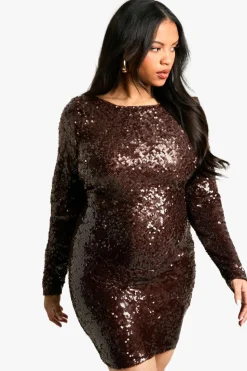 Bodycon Dresses|Mini Dresses*boohoo Plus Sequin Cowl Back Long Sleeve Mini Dress malbec