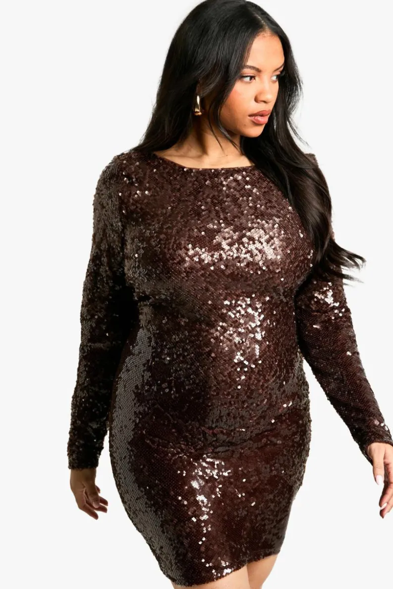 Bodycon Dresses|Mini Dresses*boohoo Plus Sequin Cowl Back Long Sleeve Mini Dress malbec