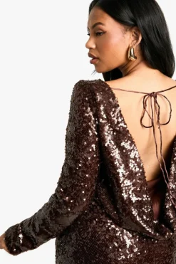 Bodycon Dresses|Mini Dresses*boohoo Plus Sequin Cowl Back Long Sleeve Mini Dress malbec