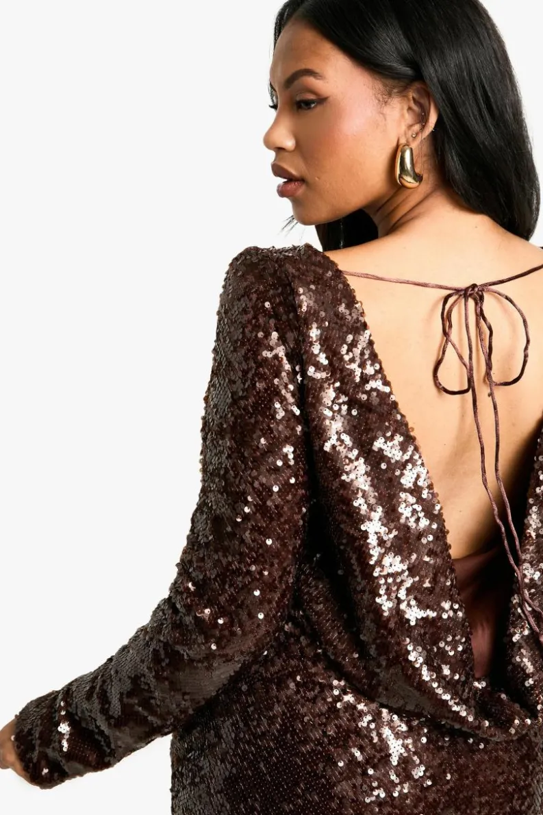 Bodycon Dresses|Mini Dresses*boohoo Plus Sequin Cowl Back Long Sleeve Mini Dress malbec