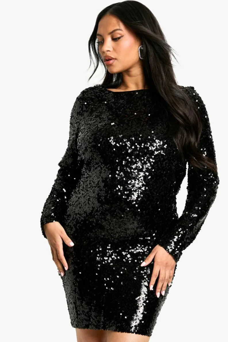 Bodycon Dresses|Mini Dresses*boohoo Plus Sequin Cowl Back Long Sleeve Mini Dress black