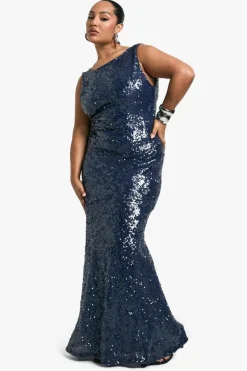 Maxi Dresses*boohoo Plus Sequin High Neck Cowl Back Maxi Dress navy