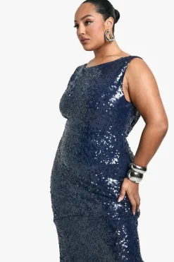 Maxi Dresses*boohoo Plus Sequin High Neck Cowl Back Maxi Dress navy