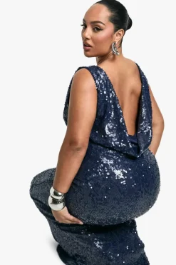 Maxi Dresses*boohoo Plus Sequin High Neck Cowl Back Maxi Dress navy