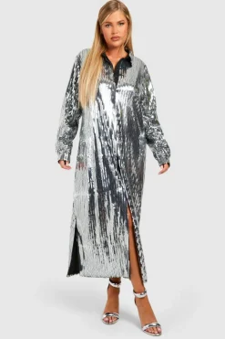 Shirt Dresses*boohoo Plus Sequin Midaxi Shirt Dress silver