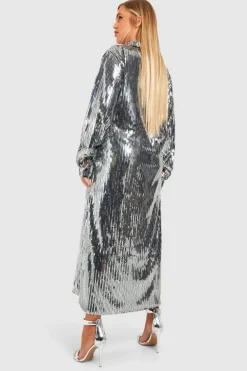 Shirt Dresses*boohoo Plus Sequin Midaxi Shirt Dress silver