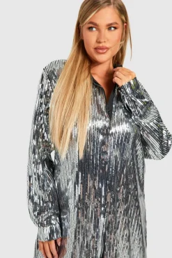 Shirt Dresses*boohoo Plus Sequin Midaxi Shirt Dress silver