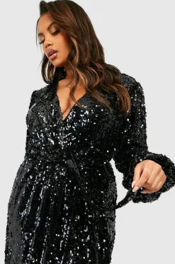 Wrap Dresses|Midi Dresses*boohoo Plus Sequin Neon Wrap Midi Dress black