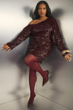 Bodycon Dresses|Mini Dresses*boohoo Plus Sequin Off Sholder Ruched Mini Dress malbec
