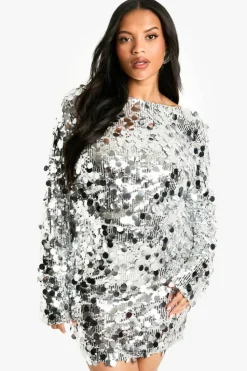 Bodycon Dresses|Mini Dresses*boohoo Plus Sequin Ruched Long Sleeve Mini Dress silver
