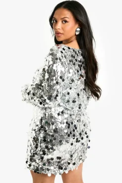 Bodycon Dresses|Mini Dresses*boohoo Plus Sequin Ruched Long Sleeve Mini Dress silver