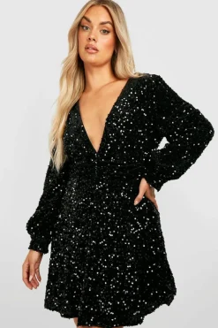 Skater Dresses*boohoo Plus Sequin Ruched Waist Skater Dress black