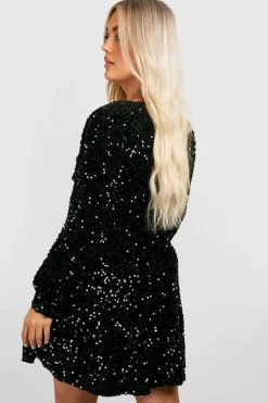 Skater Dresses*boohoo Plus Sequin Ruched Waist Skater Dress black
