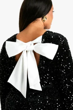 Mini Dresses|Long Sleeve Dresses*boohoo Plus Sequin Velvet Bow Back Shift Dress black