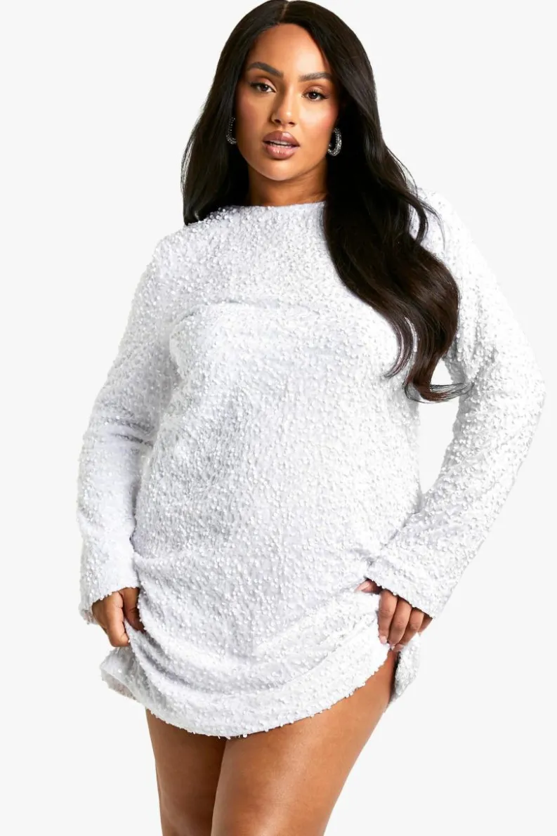 Mini Dresses|Long Sleeve Dresses*boohoo Plus Sequin Velvet Bow Back Shift Dress white