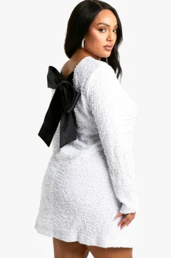 Mini Dresses|Long Sleeve Dresses*boohoo Plus Sequin Velvet Bow Back Shift Dress white