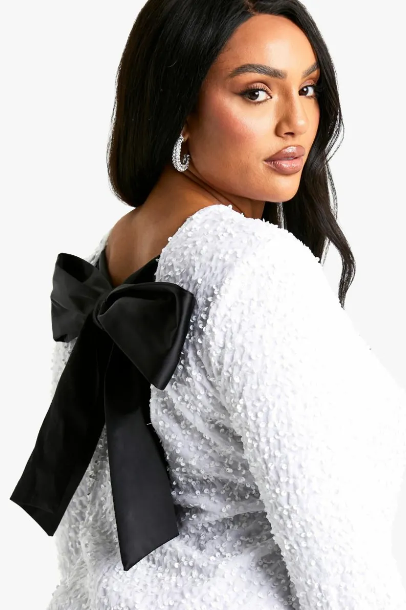 Mini Dresses|Long Sleeve Dresses*boohoo Plus Sequin Velvet Bow Back Shift Dress white