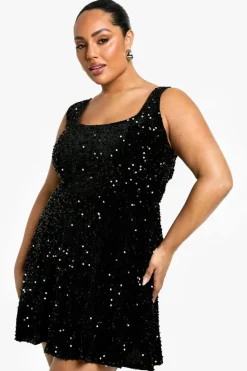 Skater Dresses*boohoo Plus Sequin Velvet Skater Dress black
