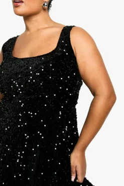 Skater Dresses*boohoo Plus Sequin Velvet Skater Dress black