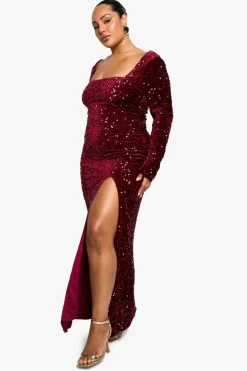 Maxi Dresses*boohoo Plus Sequin Velvet Split Maxi Dress berry