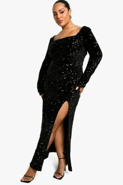 Maxi Dresses*boohoo Plus Sequin Velvet Split Maxi Dress black