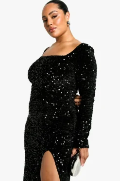 Maxi Dresses*boohoo Plus Sequin Velvet Split Maxi Dress black