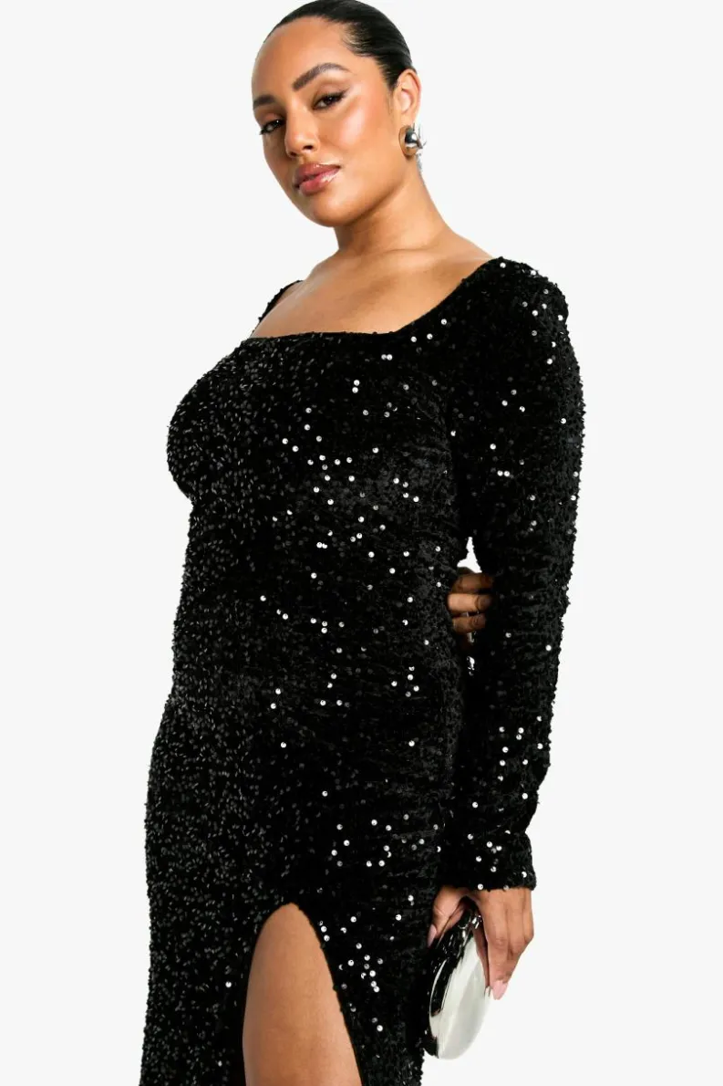 Maxi Dresses*boohoo Plus Sequin Velvet Split Maxi Dress black