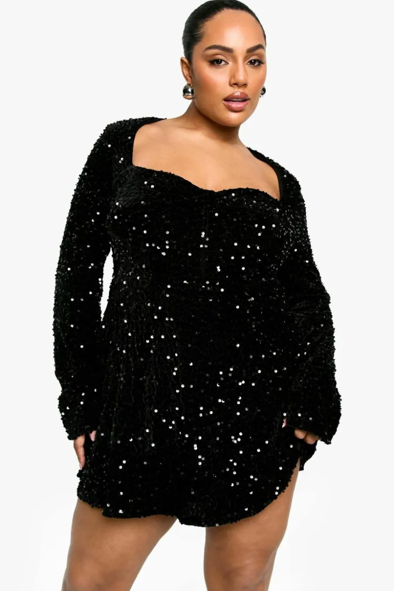 Skater Dresses|Mini Dresses*boohoo Plus Sequin Velvet Sweetheart Skater Dress black