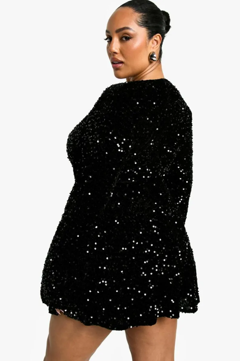 Skater Dresses|Mini Dresses*boohoo Plus Sequin Velvet Sweetheart Skater Dress black