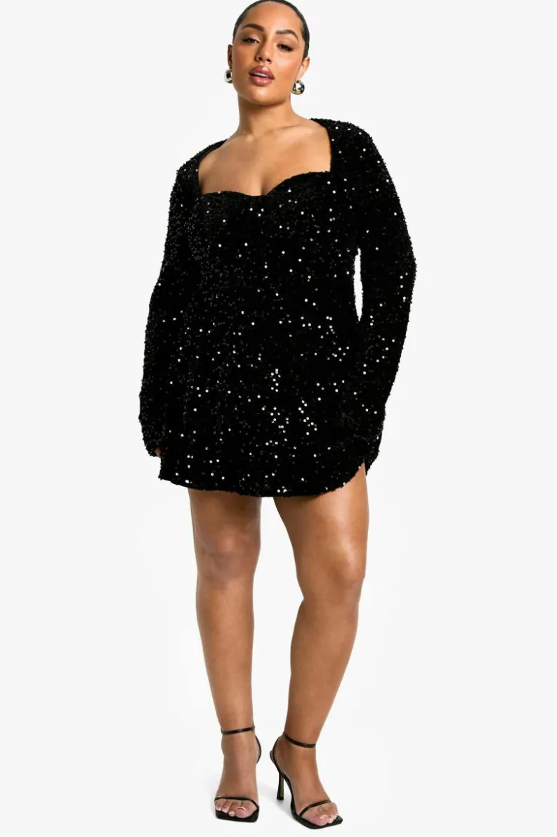 Skater Dresses|Mini Dresses*boohoo Plus Sequin Velvet Sweetheart Skater Dress black