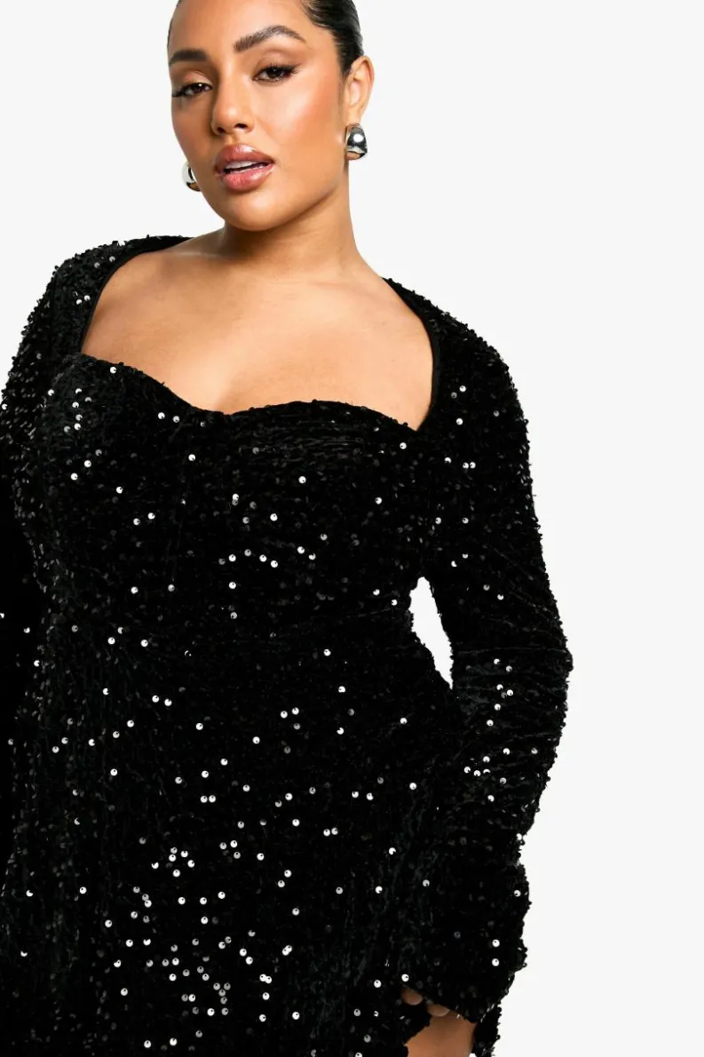 Skater Dresses|Mini Dresses*boohoo Plus Sequin Velvet Sweetheart Skater Dress black
