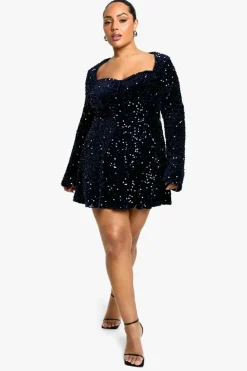 Skater Dresses*boohoo Plus Sequin Velvet Sweetheart Skater Dress navy