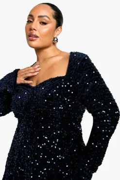 Skater Dresses*boohoo Plus Sequin Velvet Sweetheart Skater Dress navy