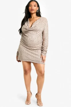 Mini Dresses|Long Sleeve Dresses*boohoo Plus Shard Sequin Shift Dress mocha