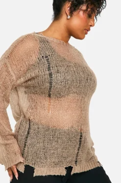 Oversized Jumpers*boohoo Plus Sheer Distressed Oversized Lightweight Jumper taupe