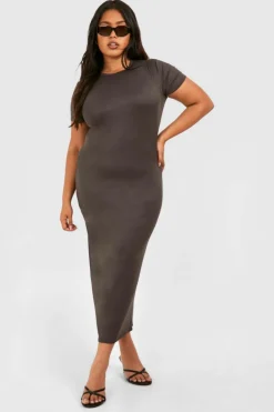 T-Shirt Dresses|Shirt Dresses*boohoo Plus Short Sleeve Longline Midi T-shirt Dress charcoal