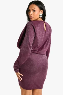 Bodycon Dresses*boohoo Plus Shoulder Pad Ruched Glitter Dress plum