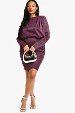 Bodycon Dresses*boohoo Plus Shoulder Pad Ruched Glitter Dress plum
