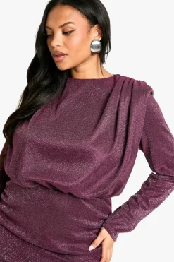 Bodycon Dresses*boohoo Plus Shoulder Pad Ruched Glitter Dress plum