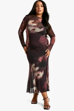Long Sleeve Dresses|Long Sleeve Dresses*boohoo Plus Slash Neck Floral Mesh Print Godet Hem Midaxi Dress plum