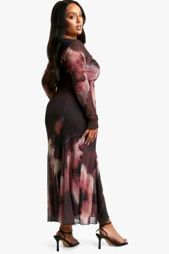 Long Sleeve Dresses|Long Sleeve Dresses*boohoo Plus Slash Neck Floral Mesh Print Godet Hem Midaxi Dress plum
