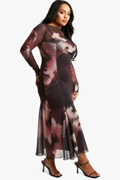 Long Sleeve Dresses|Long Sleeve Dresses*boohoo Plus Slash Neck Floral Mesh Print Godet Hem Midaxi Dress plum