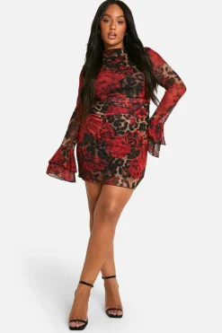 Bodycon Dresses|Mini Dresses*boohoo Plus Slash Neck Mixed Print Flare Sleeve Mini Dress leopard