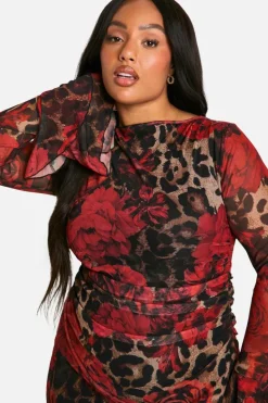 Bodycon Dresses|Mini Dresses*boohoo Plus Slash Neck Mixed Print Flare Sleeve Mini Dress leopard